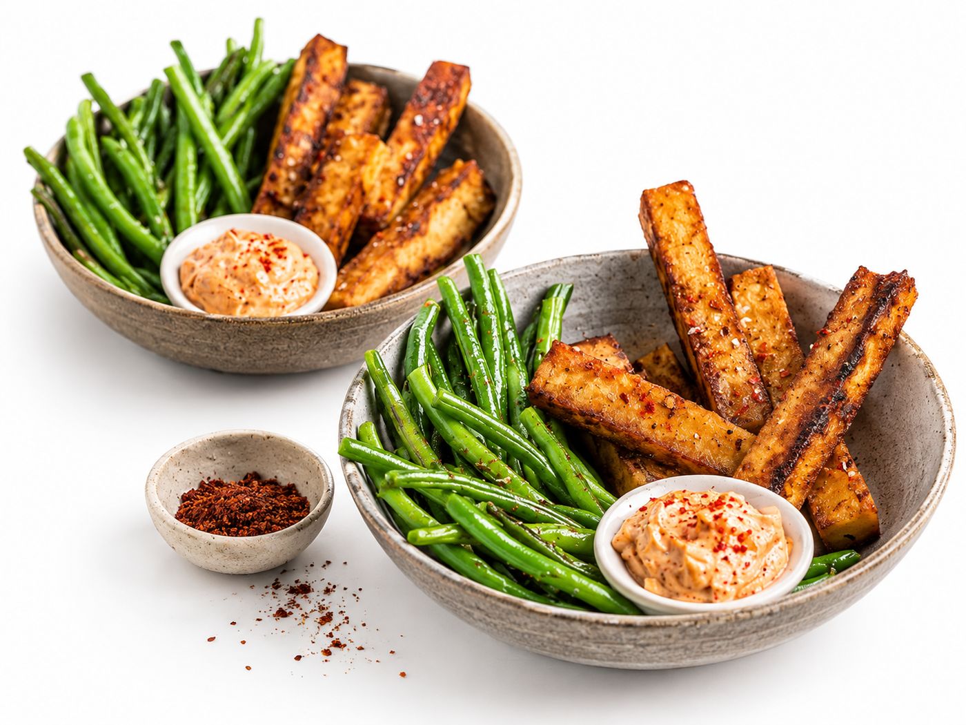 Хрустящие палочки из тофу с картофелем фри из зеленой фасоли и чипотле с майонезом — готовое блюдо