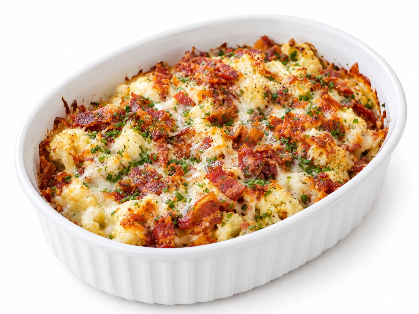 Макароны из цветной капусты с чесноком и зеленью и сыром с беконом — готовое блюдо